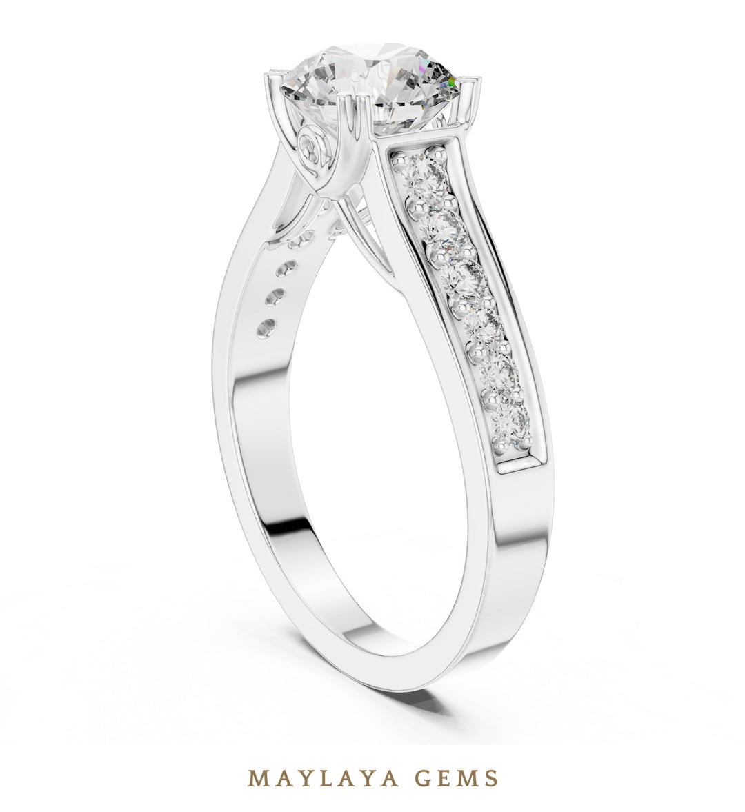 Maylaya Gems round scroll gallery channel lab-grown diamond ring in white gold