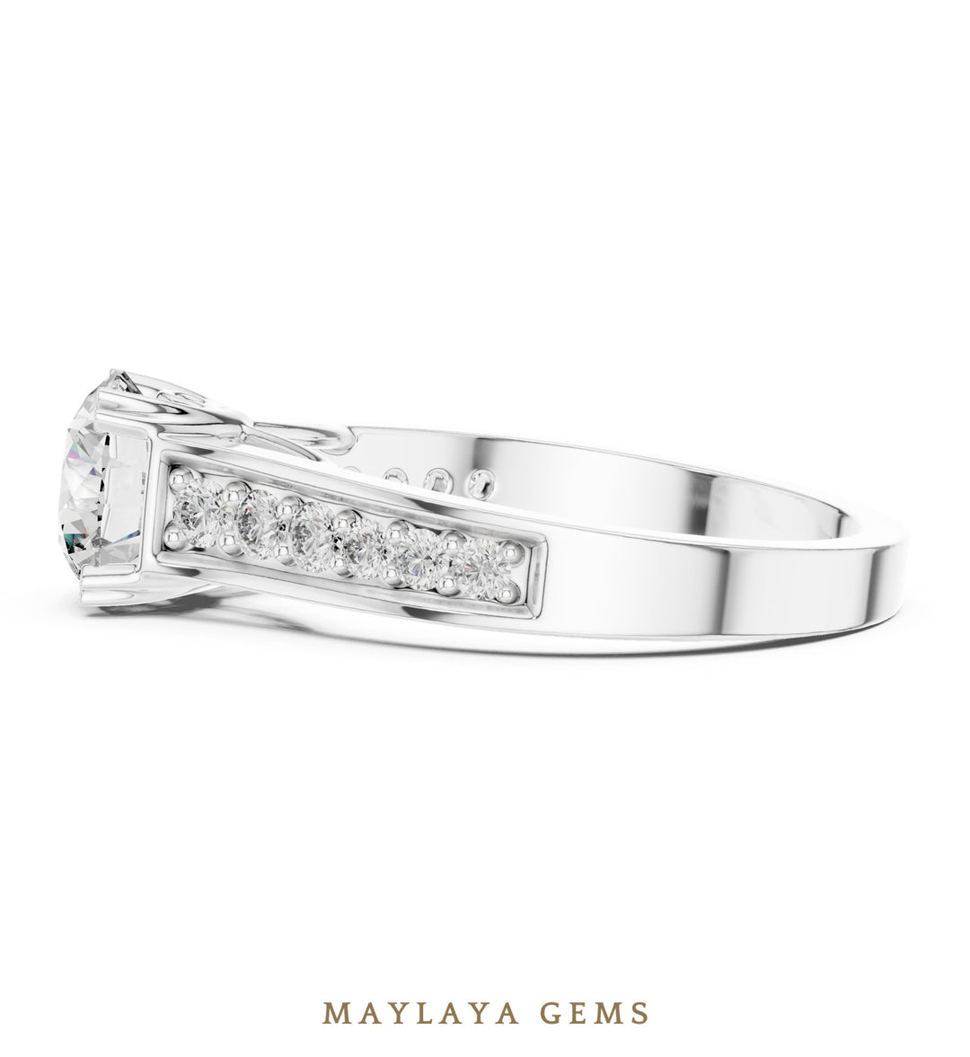 Maylaya Gems round scroll gallery channel lab-grown diamond ring in white gold