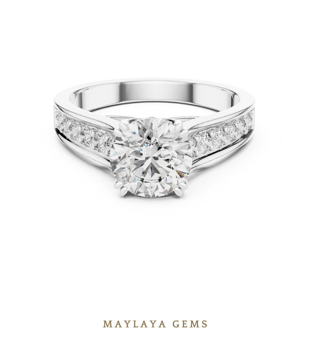 Maylaya Gems round scroll gallery channel lab-grown diamond ring in white gold