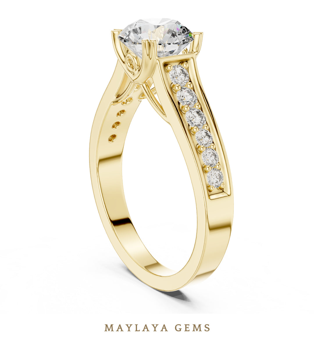Maylaya Gems round scroll gallery channel lab-grown diamond ring in yellow gold