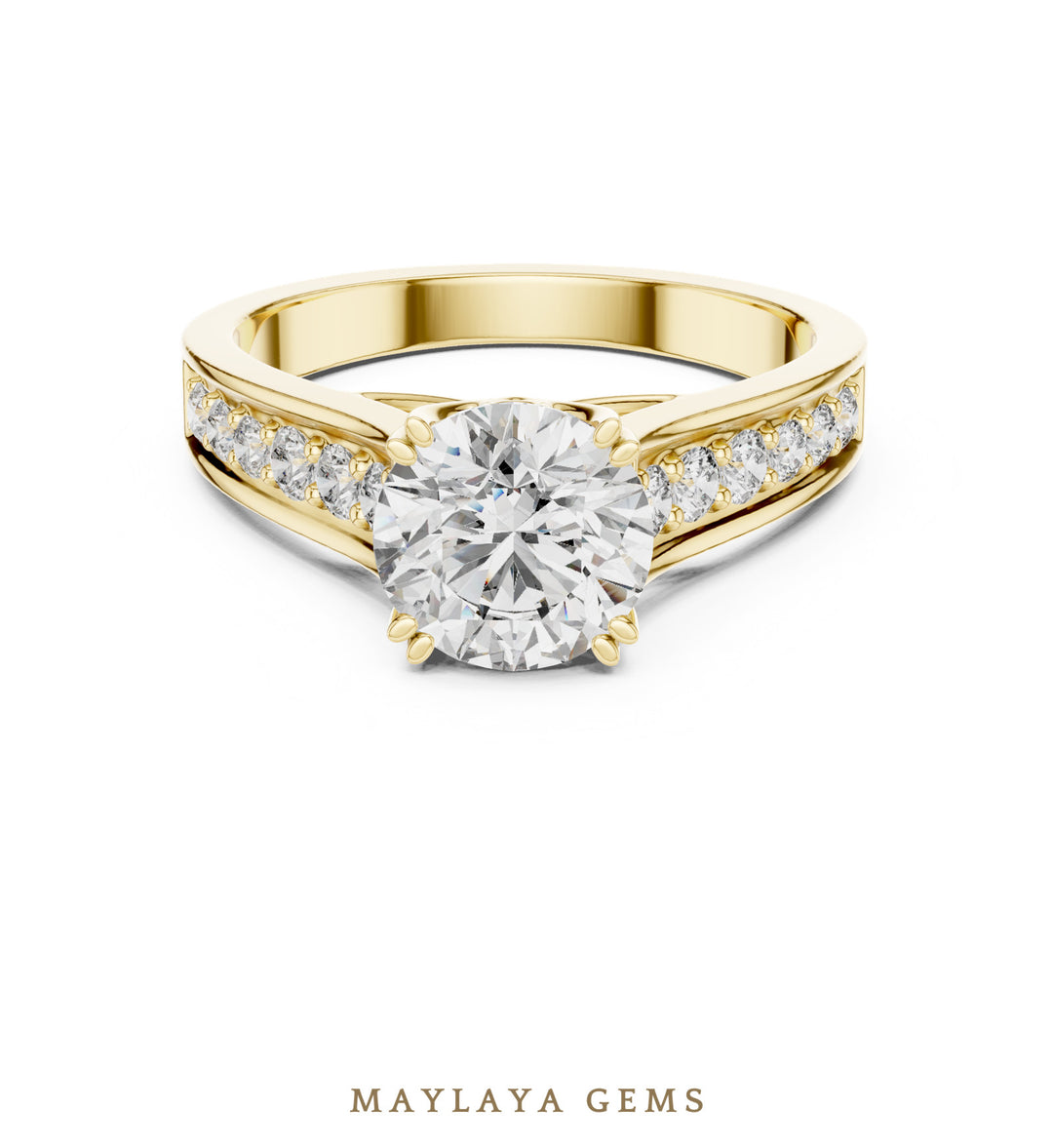 Maylaya Gems round scroll gallery channel lab-grown diamond ring in yellow gold