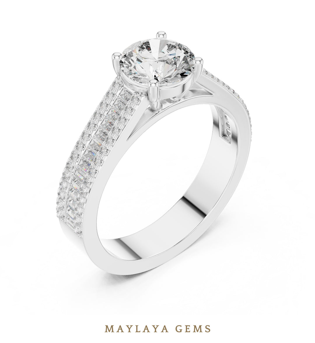 Maylaya Gems round baguette channel lab-grown diamond ring in white gold