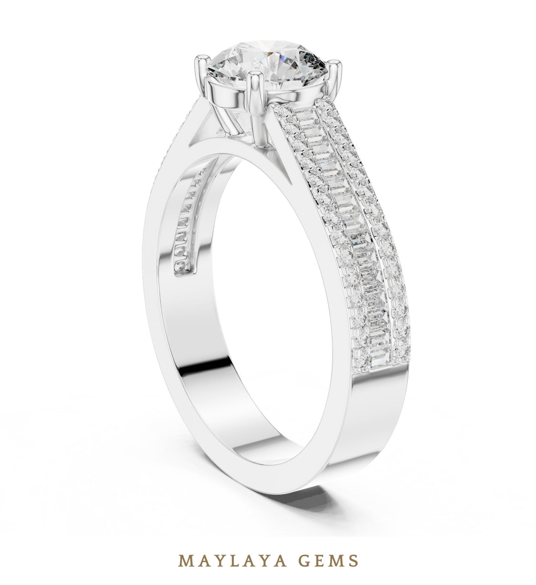 Maylaya Gems round baguette channel lab-grown diamond ring in white gold