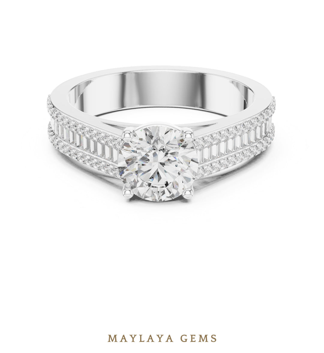Maylaya Gems round baguette channel lab-grown diamond ring in white gold