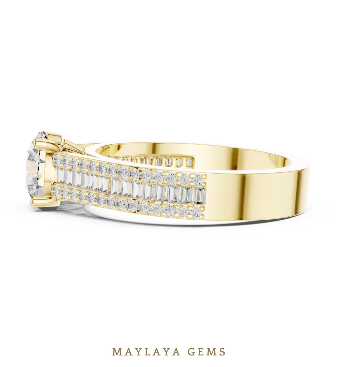 Maylaya Gems round baguette channel lab-grown diamond ring in yellow gold