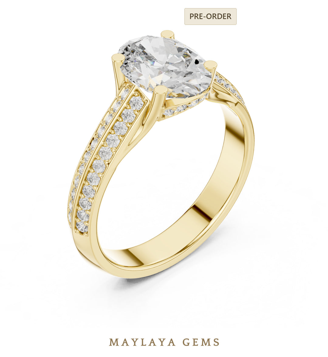 Maylaya Gems oval double pave rails lab-grown diamond ring in yellow gold