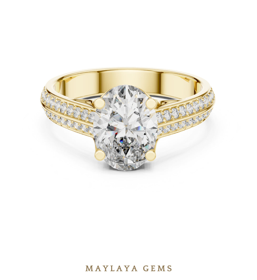 Maylaya Gems oval double pave rails lab-grown diamond ring in yellow gold