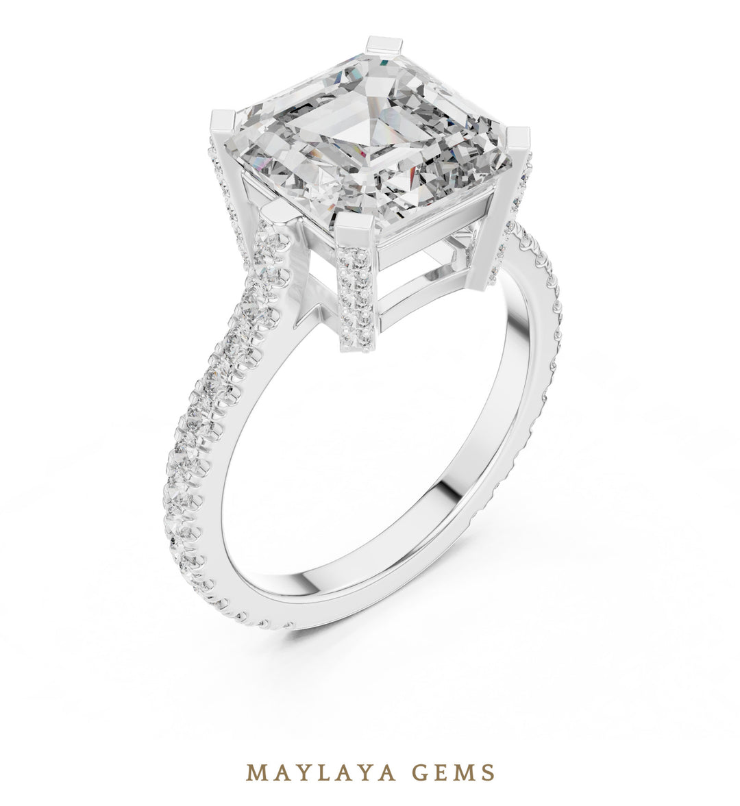 Maylaya Gems square emerald paved prongs lab-grown diamond ring in white gold