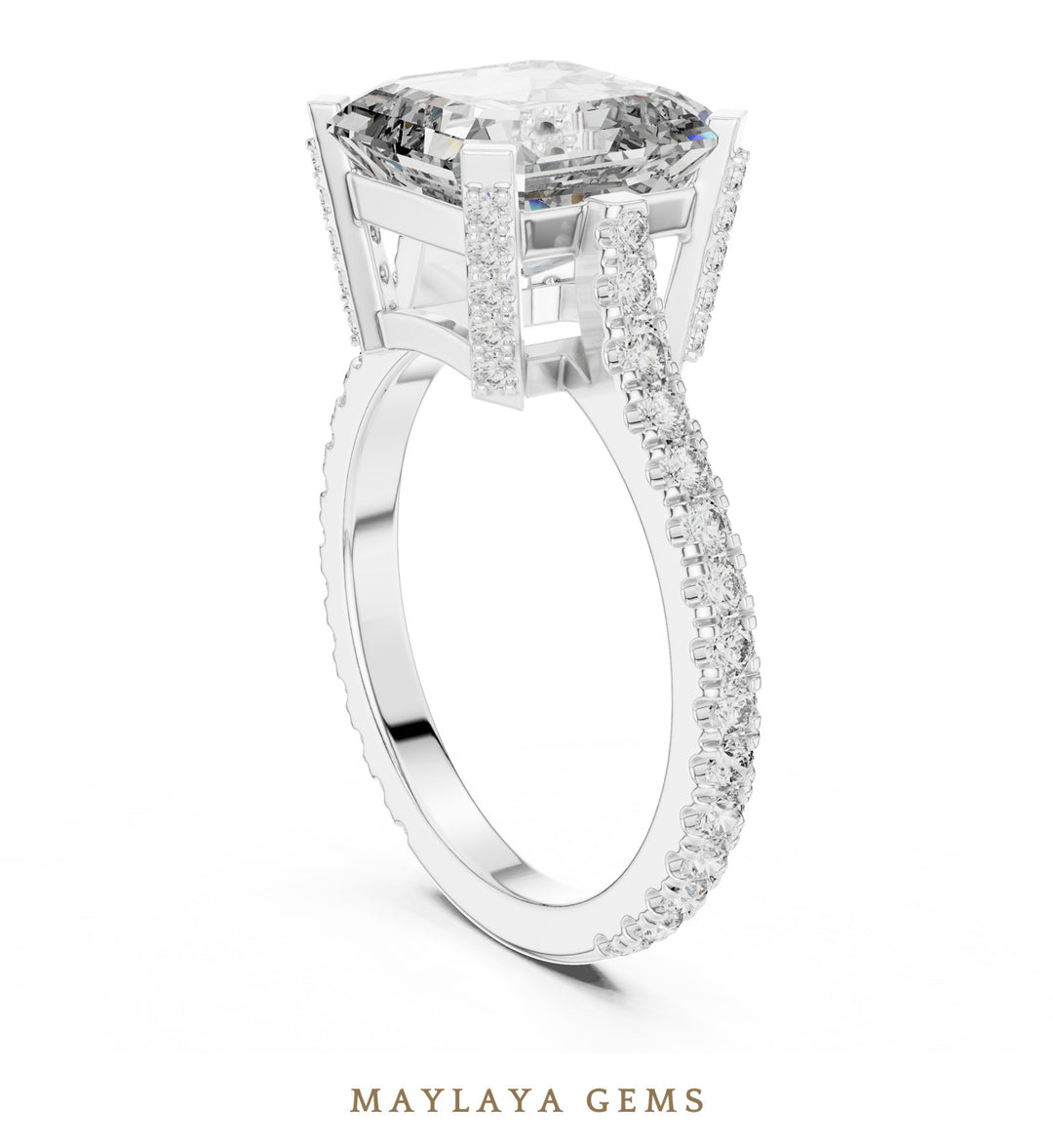 Maylaya Gems square emerald paved prongs lab-grown diamond ring in white gold