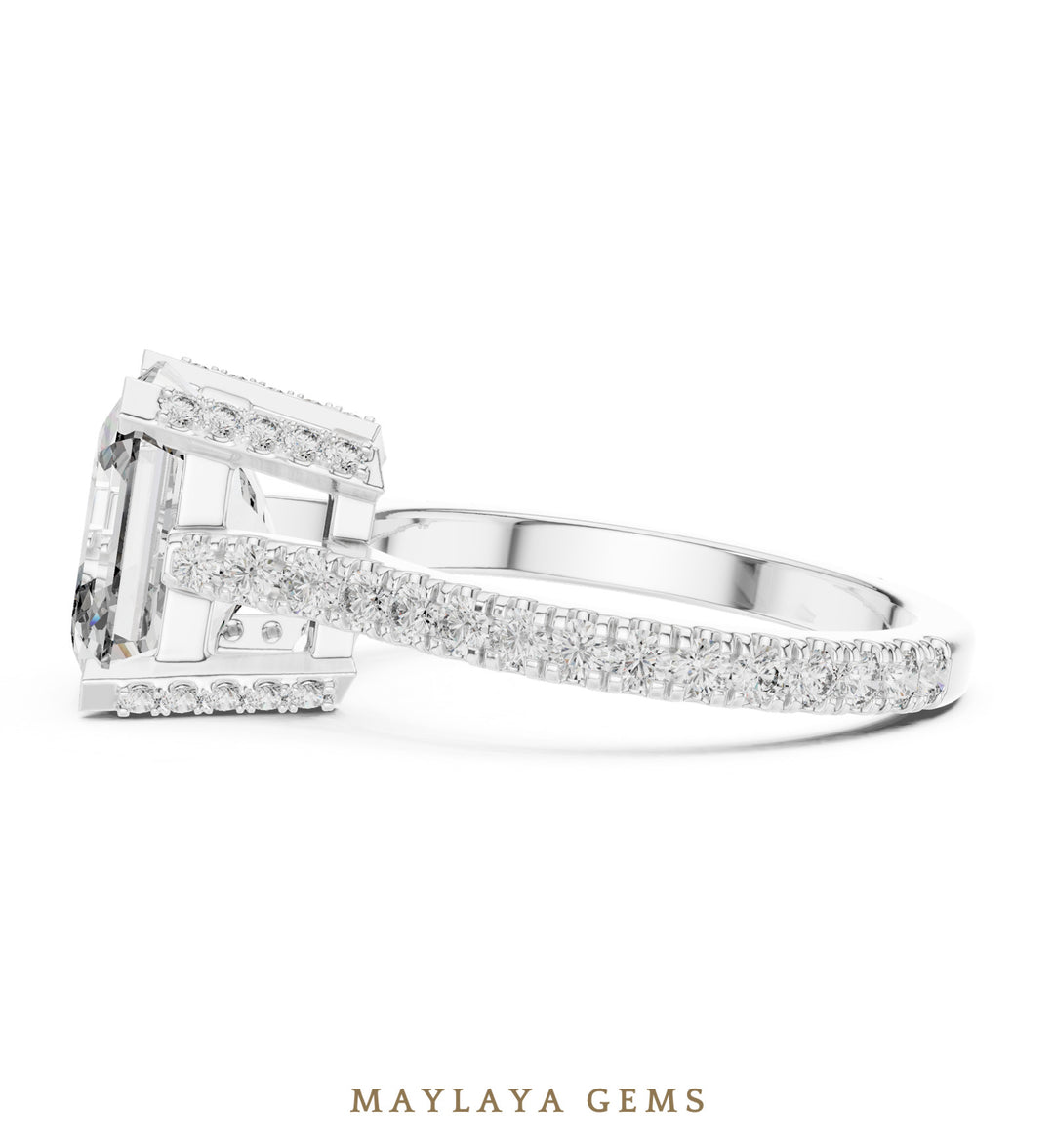 Maylaya Gems square emerald paved prongs lab-grown diamond ring in white gold