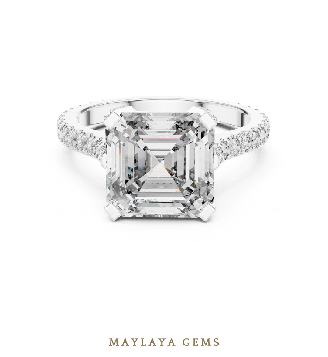 Maylaya Gems square emerald paved prongs lab-grown diamond ring in white gold