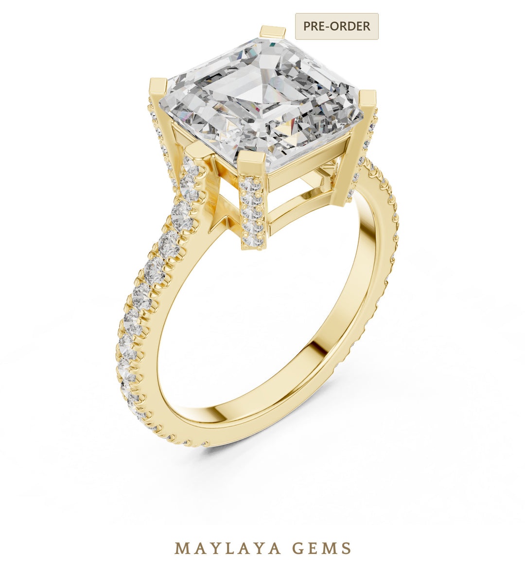 Maylaya Gems square emerald paved prongs lab-grown diamond ring in yellow gold