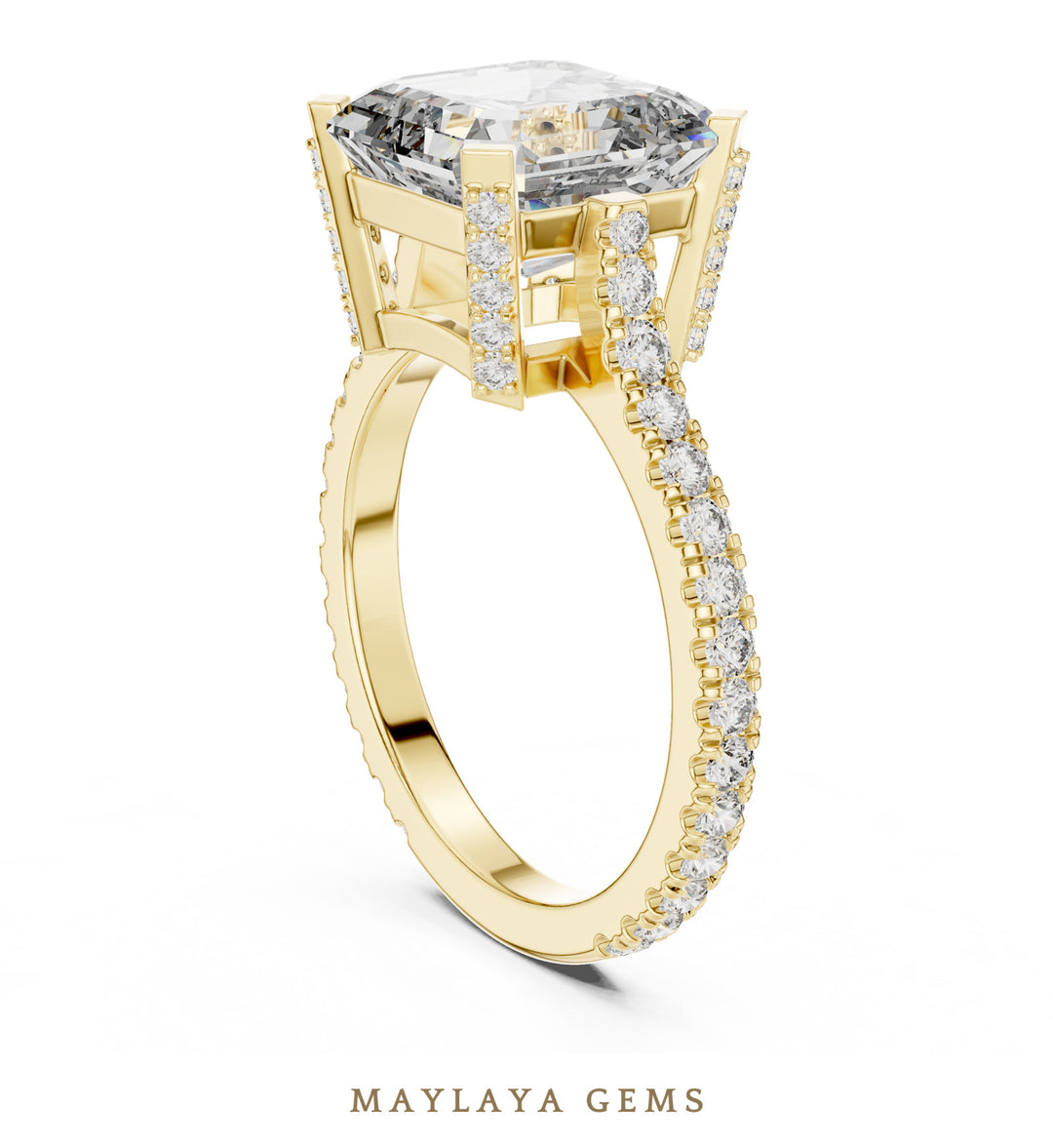 Maylaya Gems square emerald paved prongs lab-grown diamond ring in yellow gold