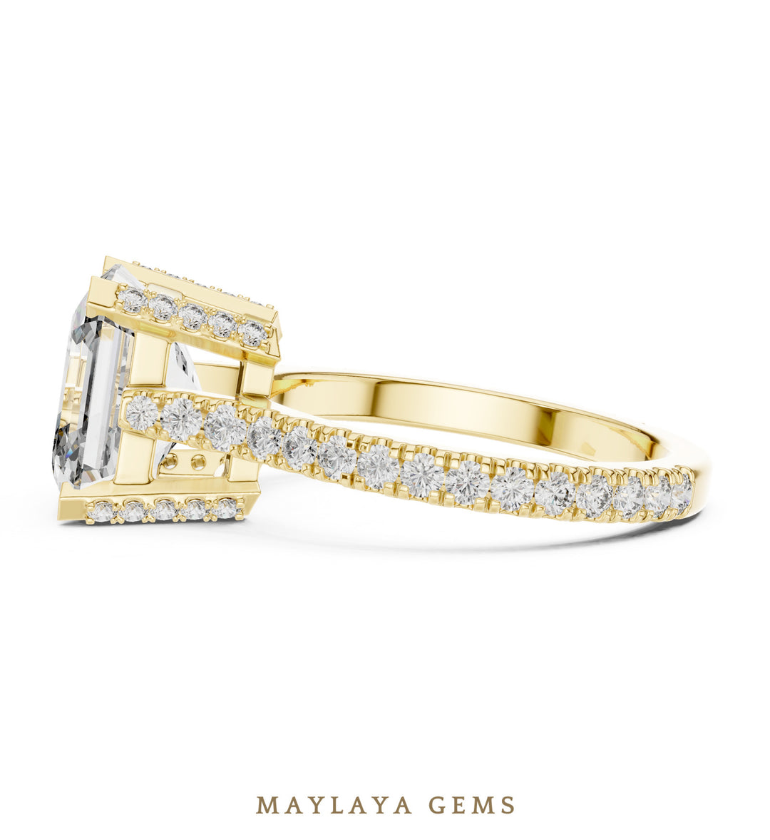 Maylaya Gems square emerald paved prongs lab-grown diamond ring in yellow gold