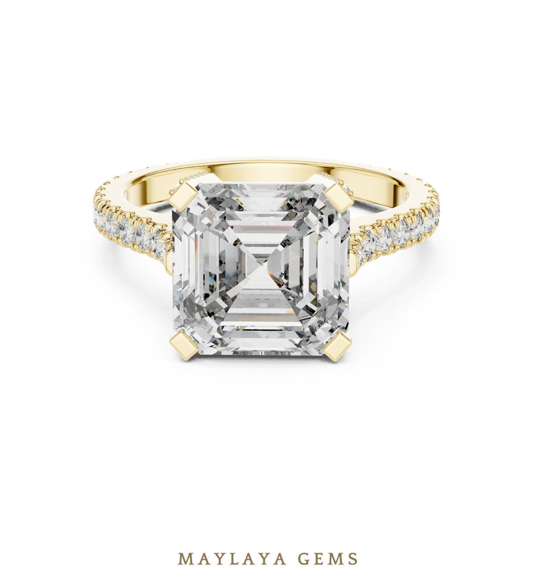 Maylaya Gems square emerald paved prongs lab-grown diamond ring in yellow gold