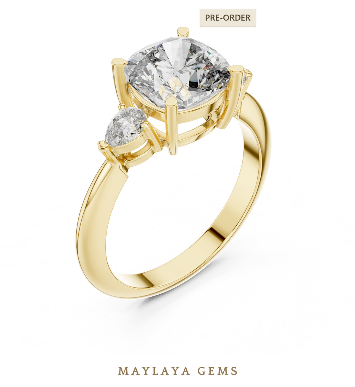 Maylaya gems cushion pear trilogy lab grown diamond ring in yellow gold