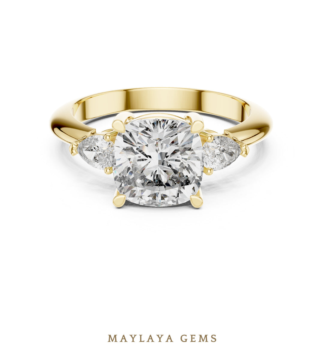 Maylaya Gems cushion pear trilogy lab-grown diamond ring in yellow gold