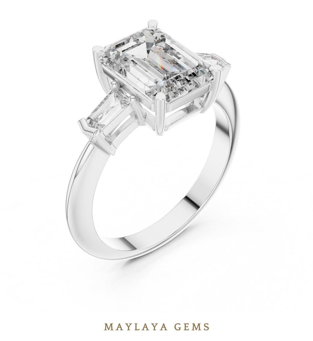 Maylaya Gems emerald baguette trilogy lab-grown diamond ring in white gold