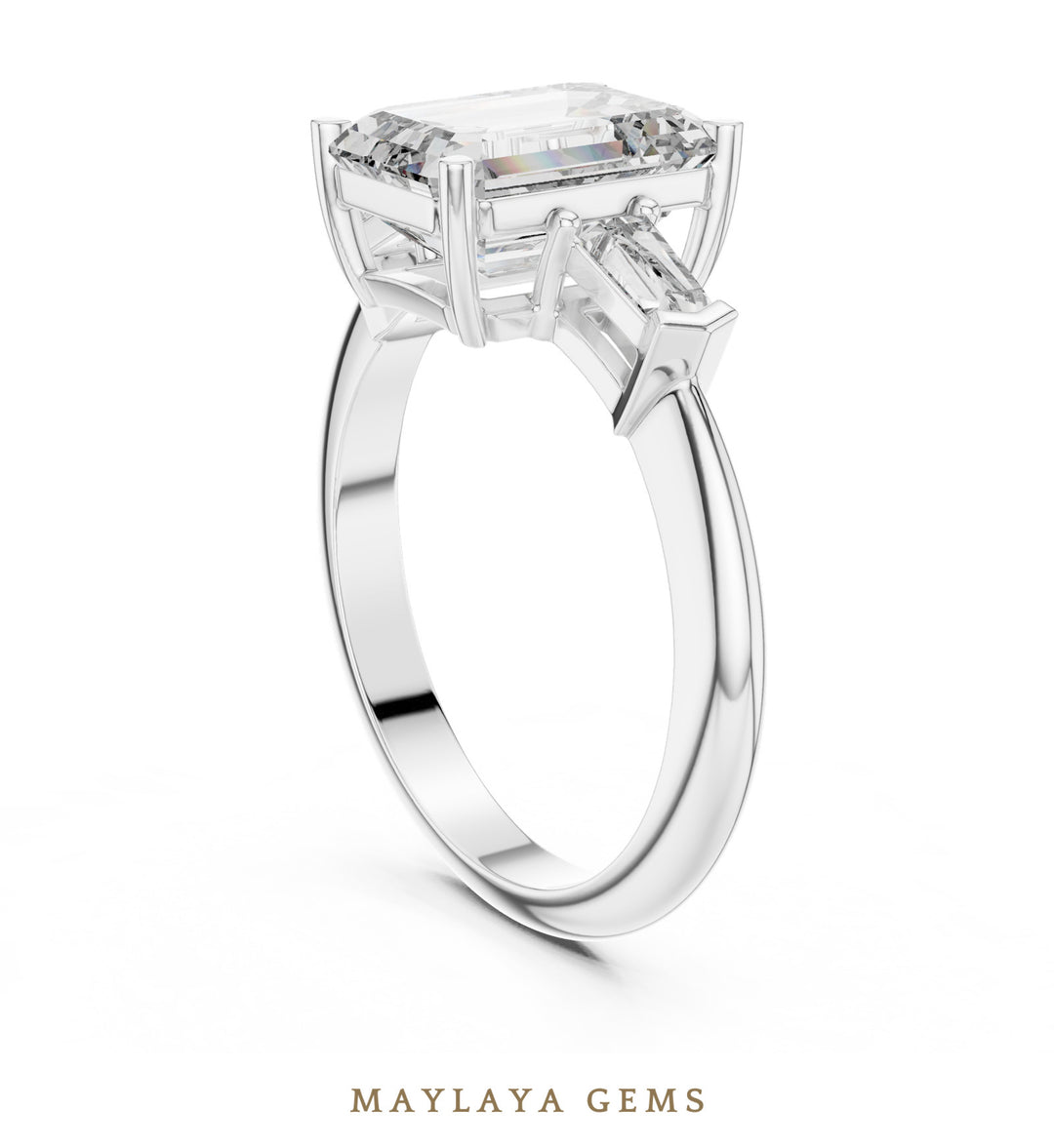 Maylaya Gems emerald baguette trilogy lab-grown diamond ring in white gold