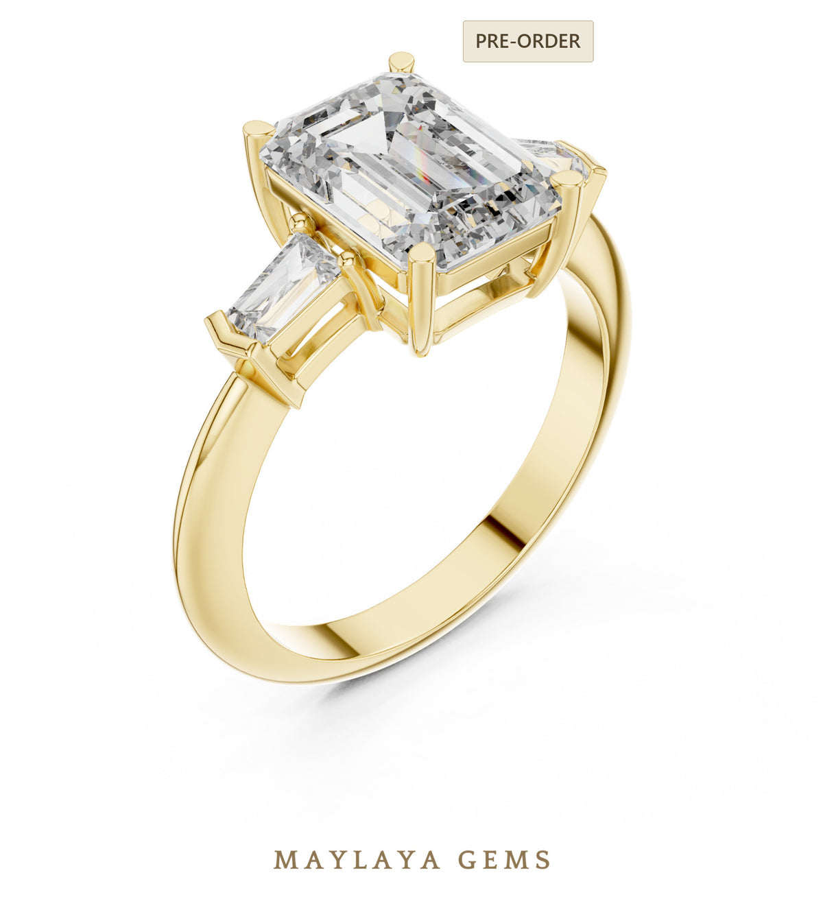 Maylaya gems emerald baguette trilogy lab grown diamond ring in yellow gold
