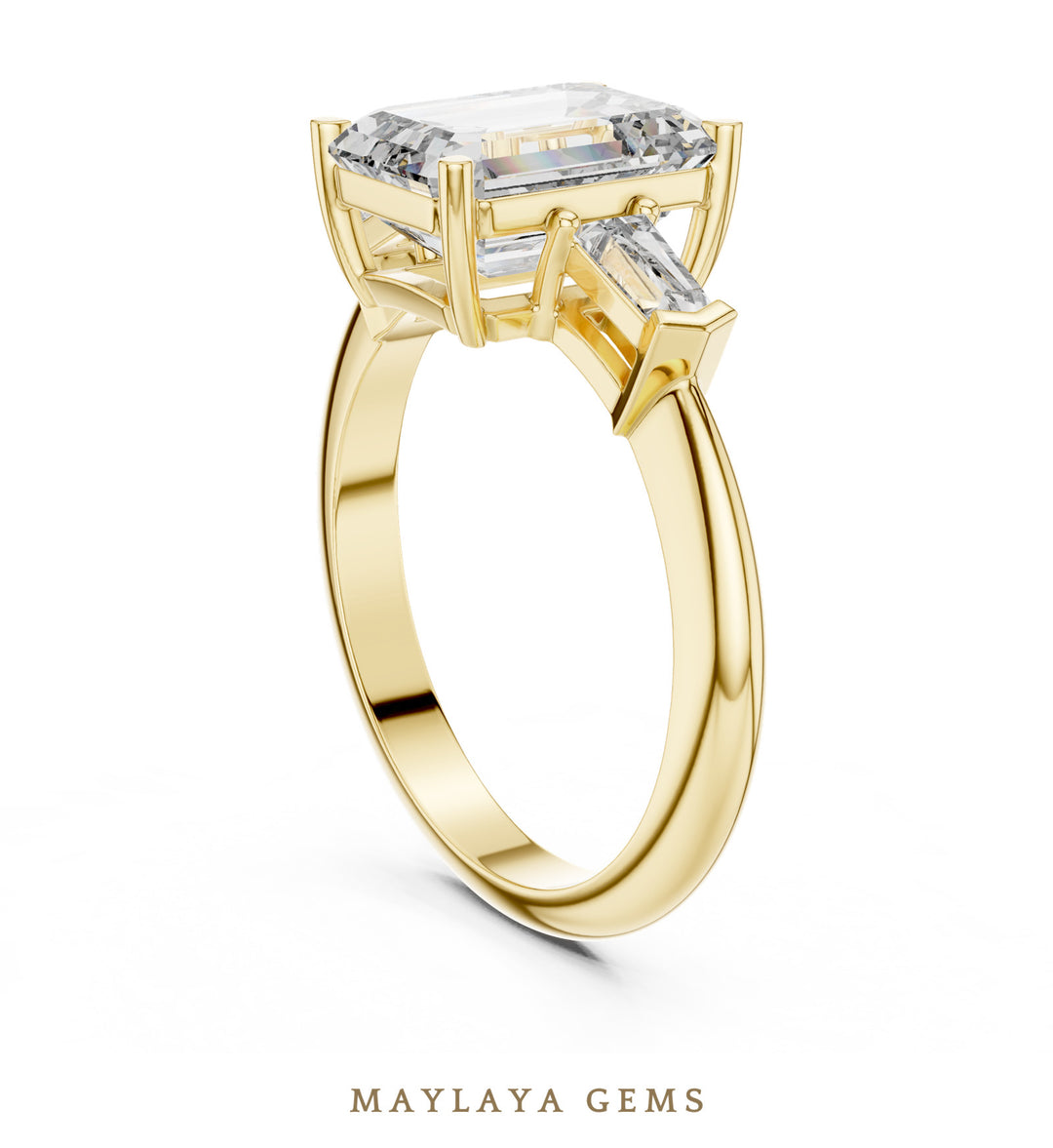 Maylaya Gems emerald baguette trilogy lab-grown diamond ring in yellow gold