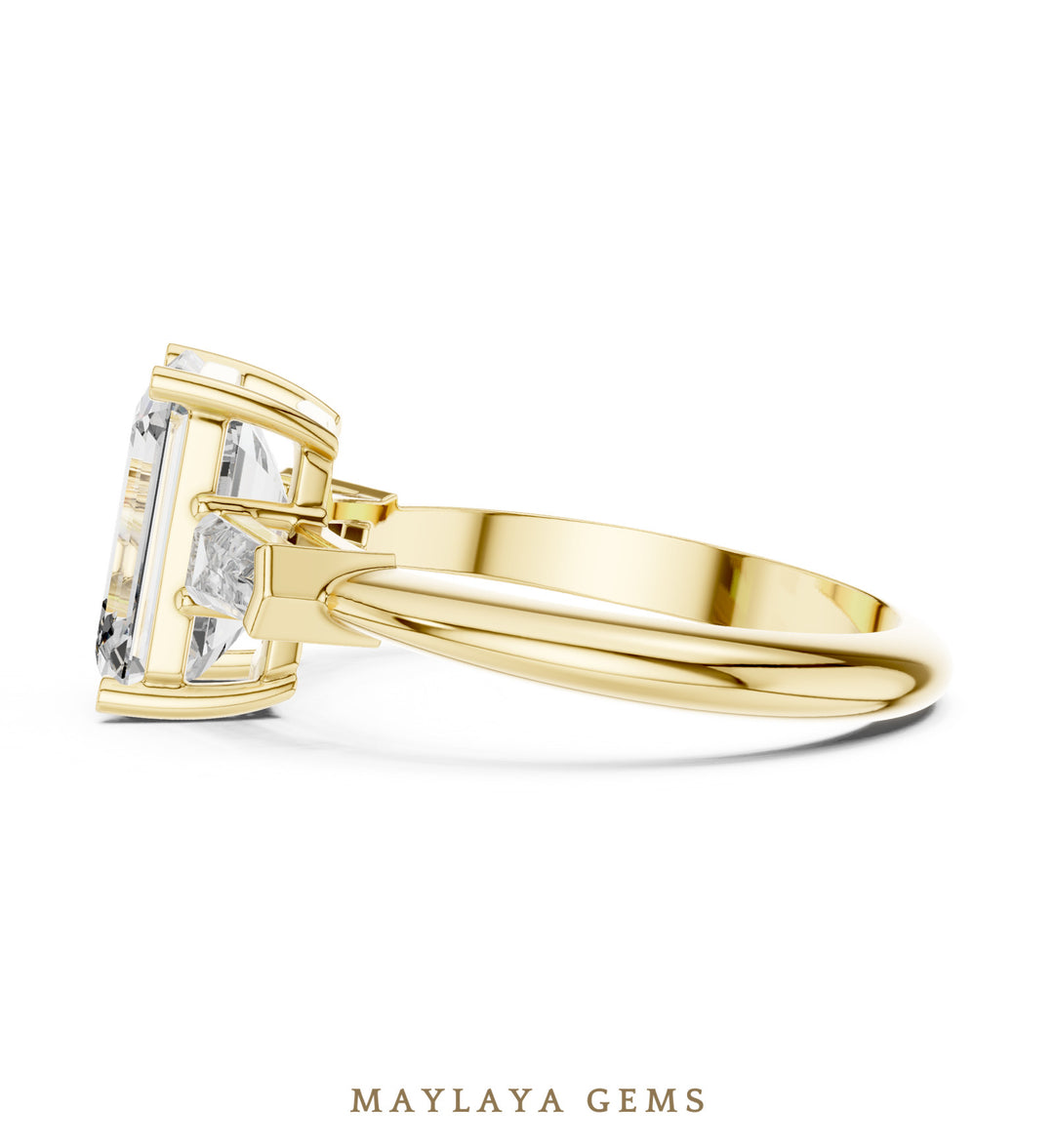 Maylaya Gems emerald baguette trilogy lab-grown diamond ring in yellow gold