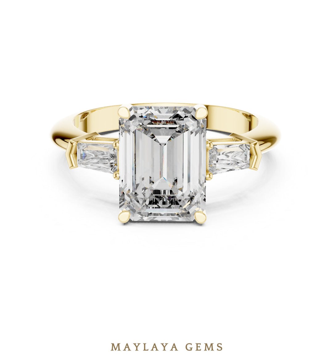 Maylaya Gems emerald baguette trilogy lab-grown diamond ring in yellow gold