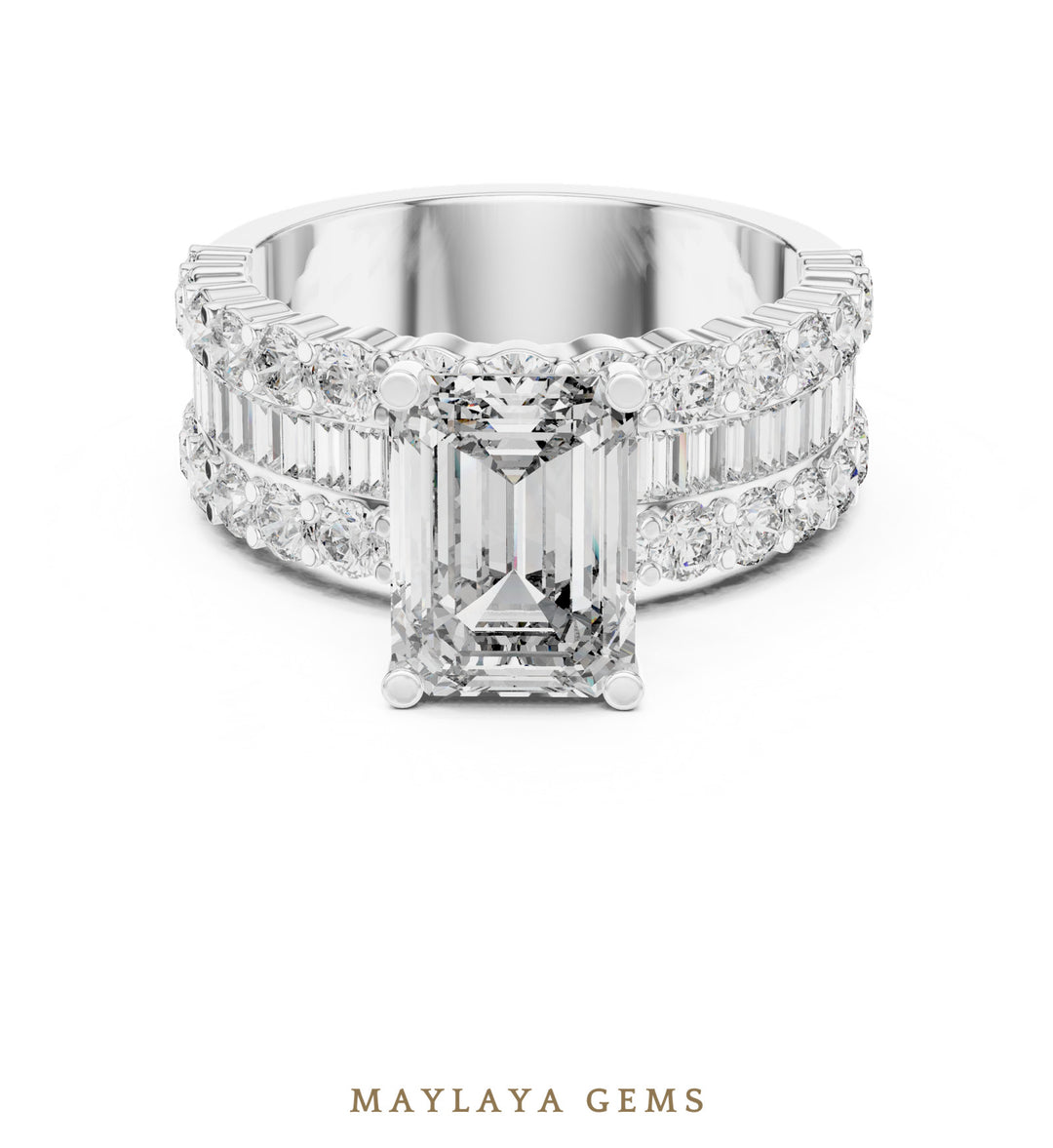 Maylaya Gems emerald baguette three row lab-grown diamond ring in white gold