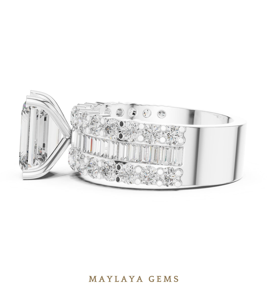 Maylaya Gems emerald baguette three row lab-grown diamond ring in white gold