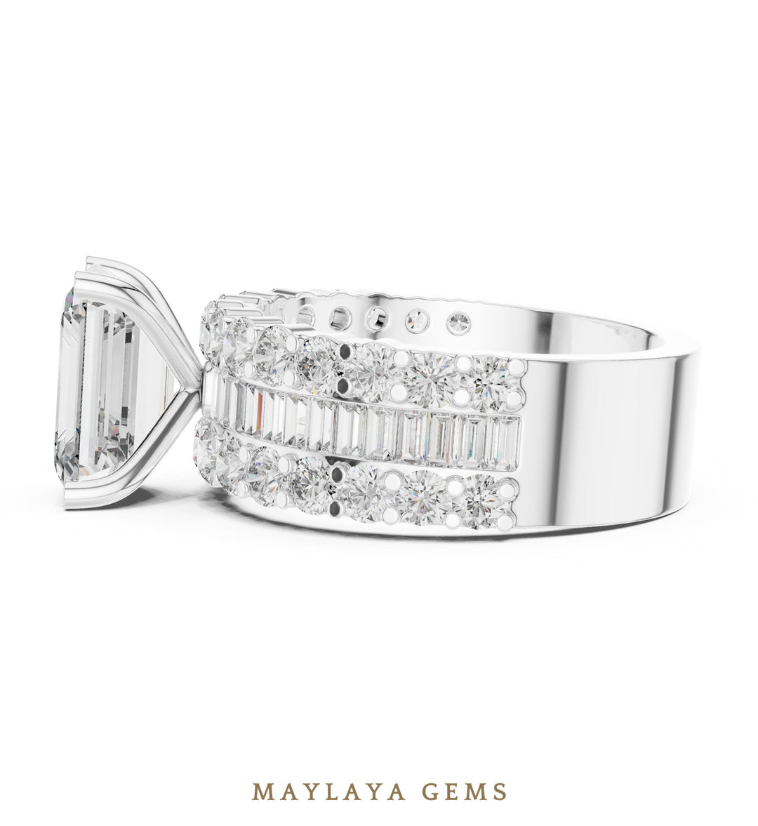 Maylaya Gems emerald baguette three row lab-grown diamond ring in white gold