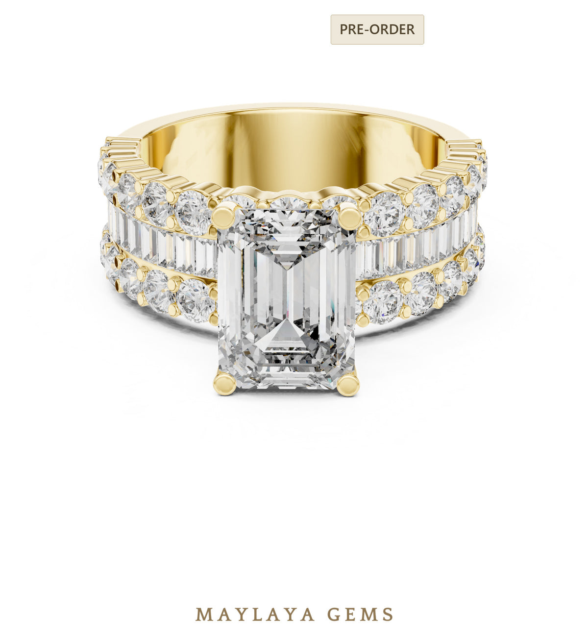 Maylaya gems emerald baguette three row lab grown diamond ring in yellow gold
