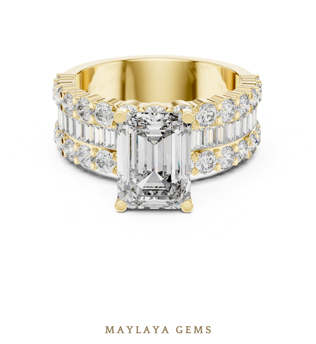 Maylaya Gems emerald baguette three row lab-grown diamond ring in yellow gold