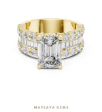 Load image into Gallery viewer, Maylaya Gems emerald baguette three row lab-grown diamond ring in yellow gold
