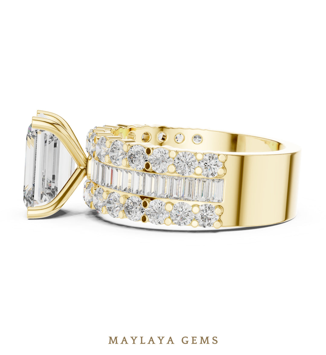 Maylaya Gems emerald baguette three row lab-grown diamond ring in yellow gold