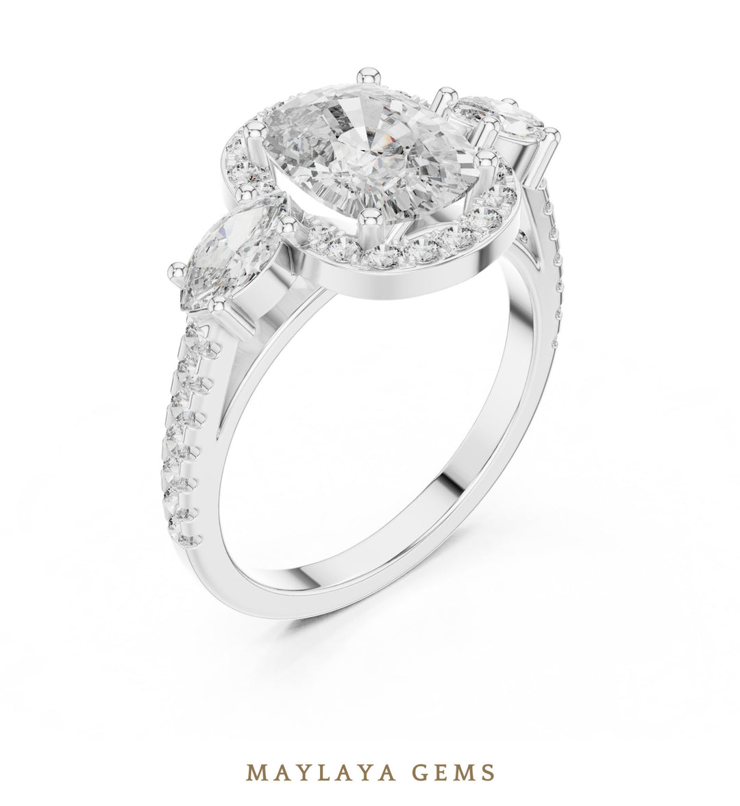 Maylaya Gems cushion halo marquise trilogy lab-grown diamond ring in white gold