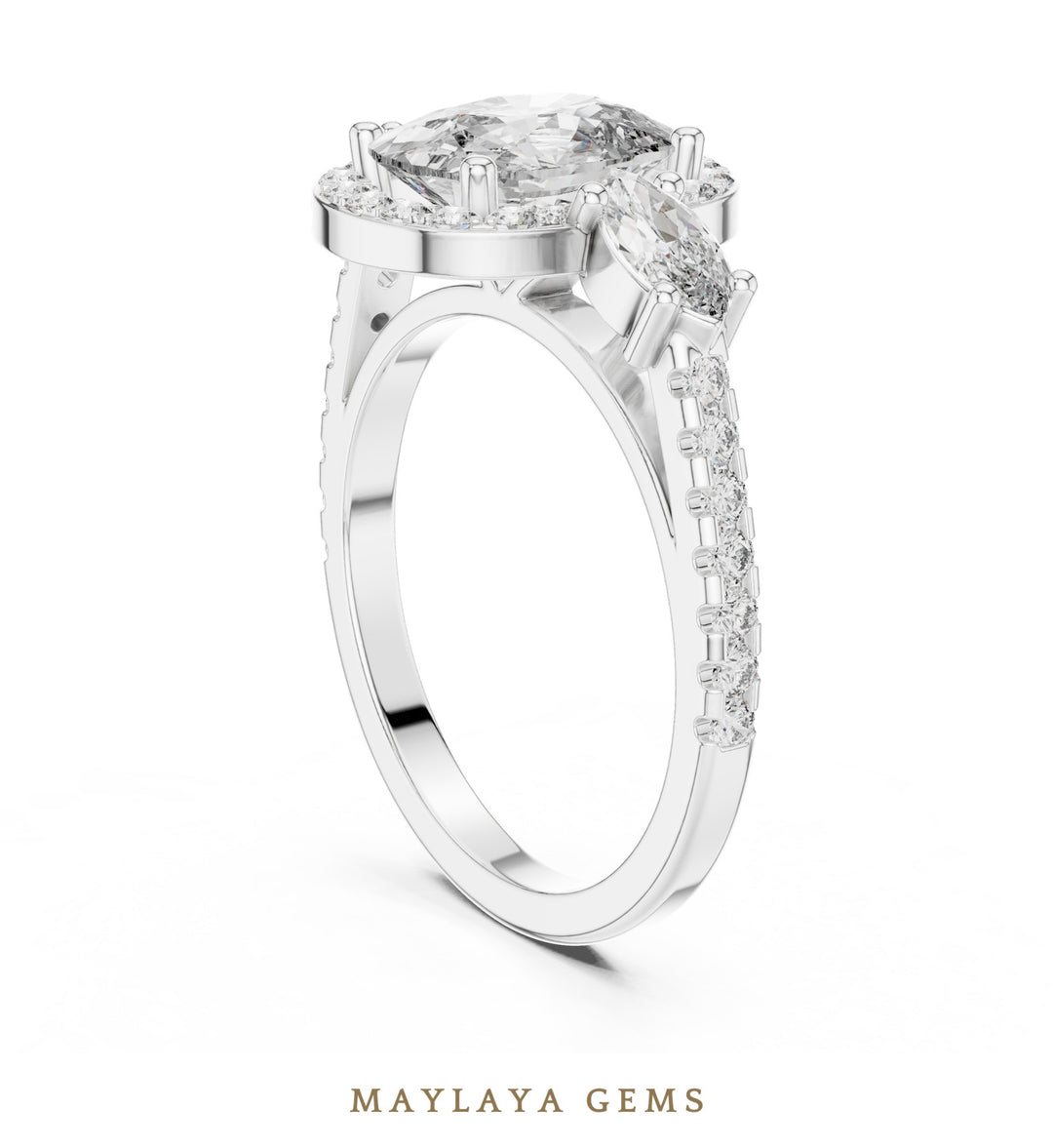 Maylaya Gems cushion halo marquise trilogy lab-grown diamond ring in white gold