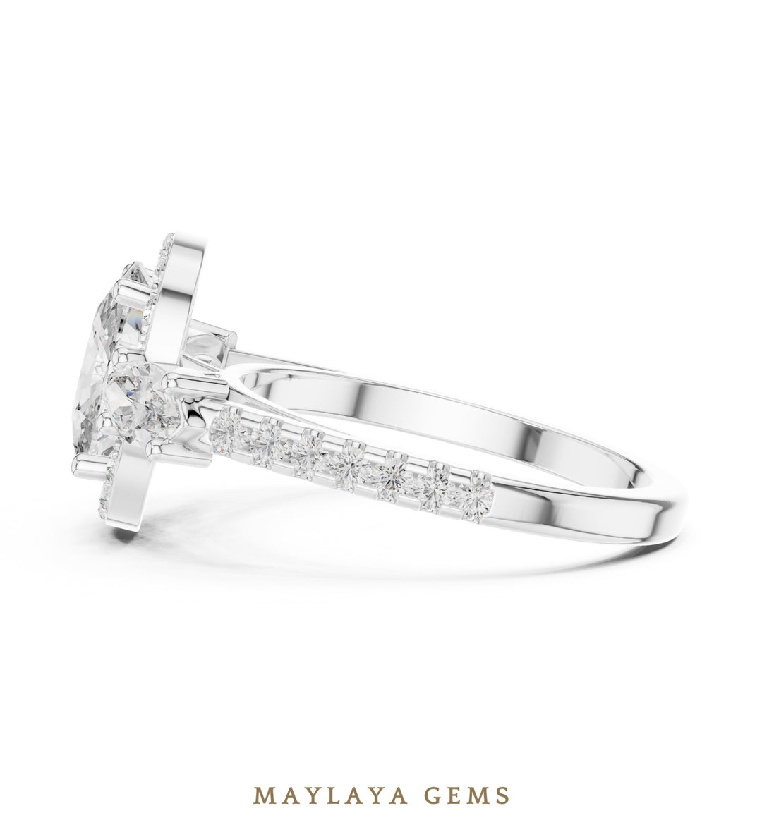 Maylaya Gems cushion halo marquise trilogy lab-grown diamond ring in white gold