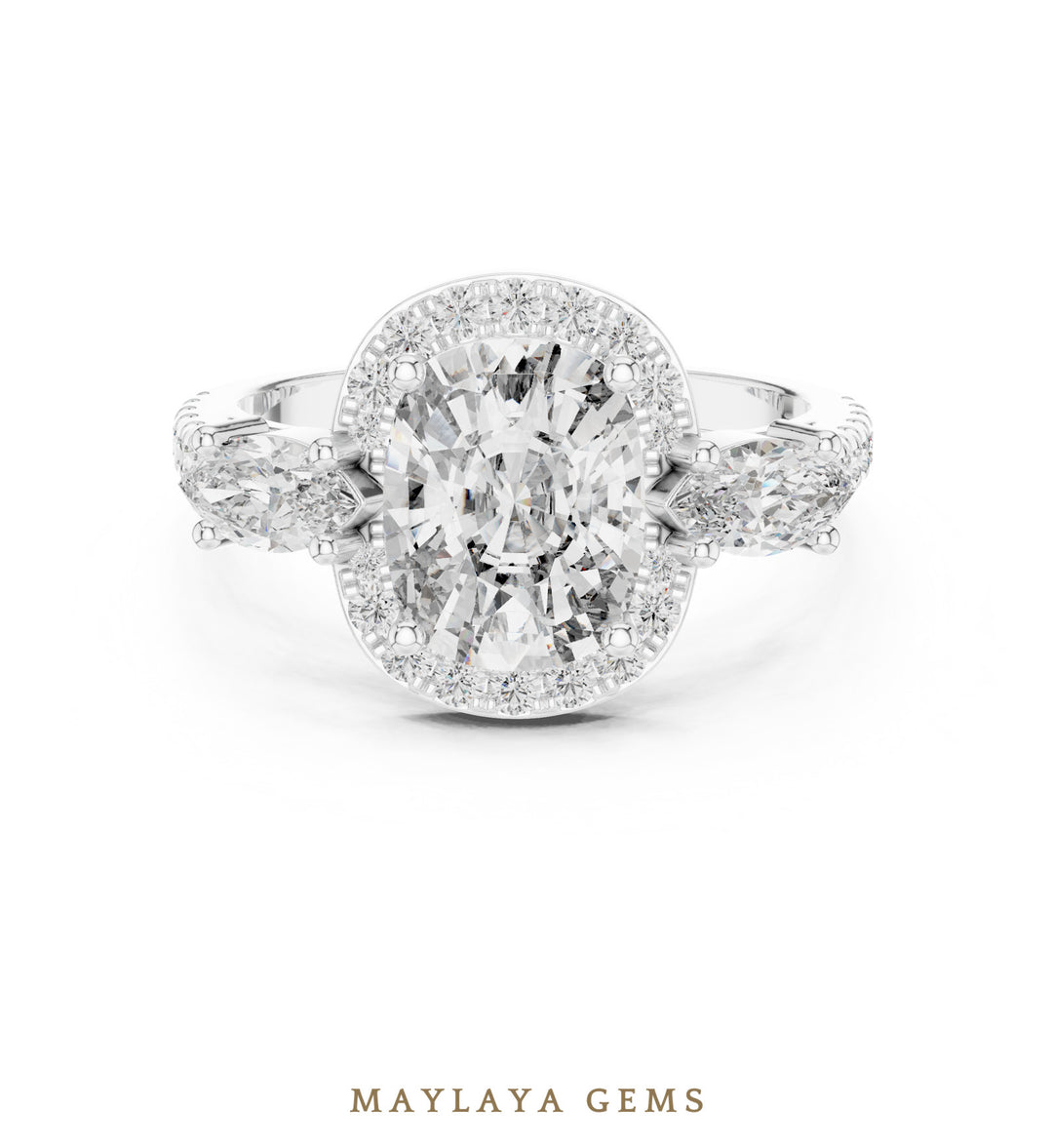 Maylaya Gems cushion halo marquise trilogy lab-grown diamond ring in white gold