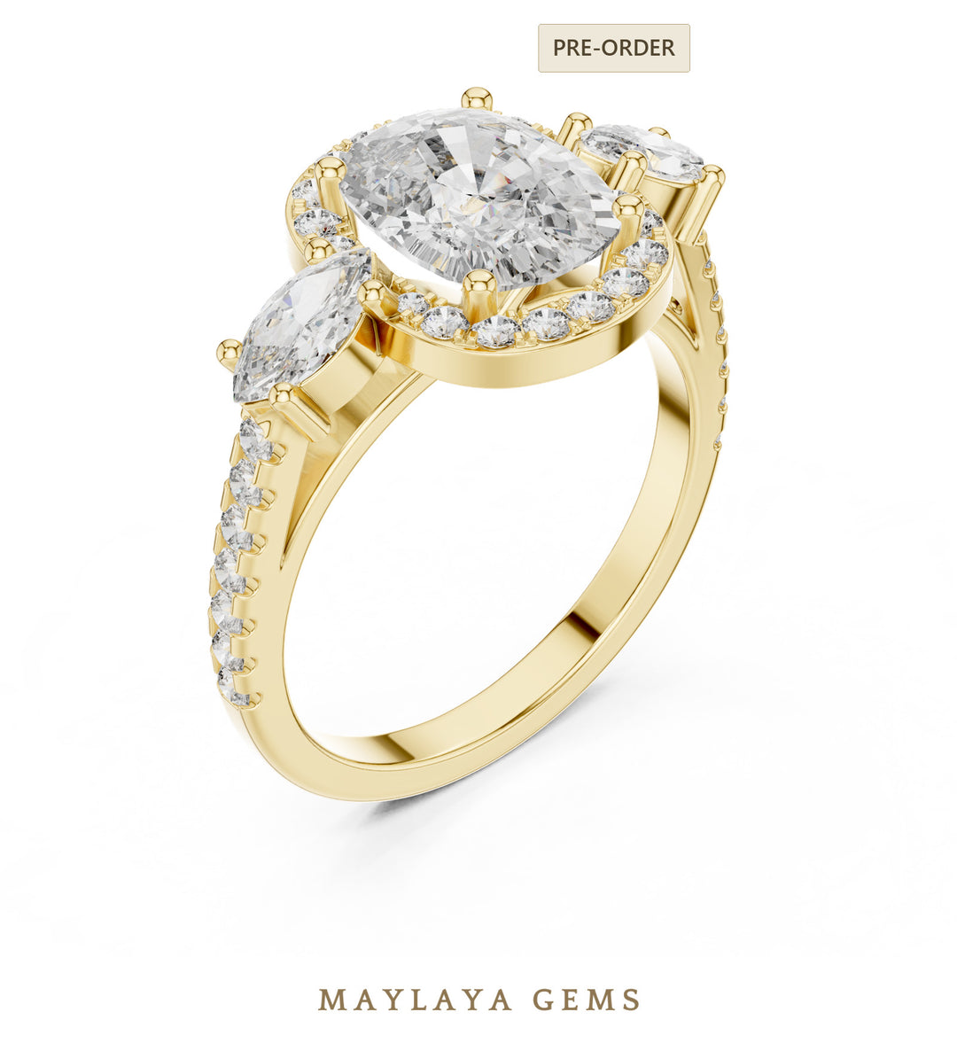 Maylaya Gems cushion halo marquise trilogy lab-grown diamond ring in yellow gold