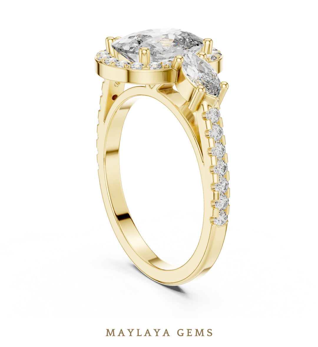 Maylaya Gems cushion halo marquise trilogy lab-grown diamond ring in yellow gold