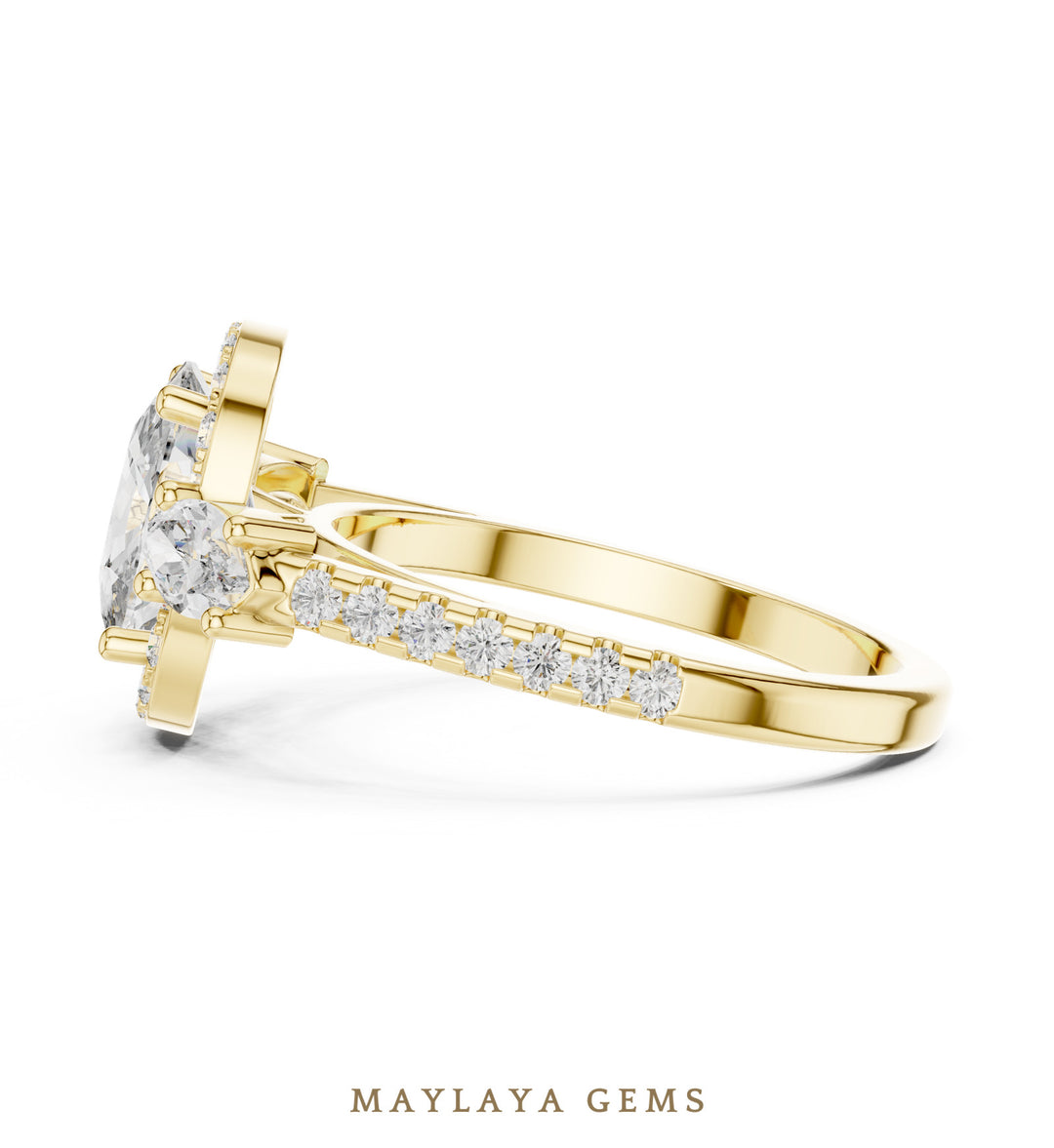 Maylaya Gems cushion halo marquise trilogy lab-grown diamond ring in yellow gold
