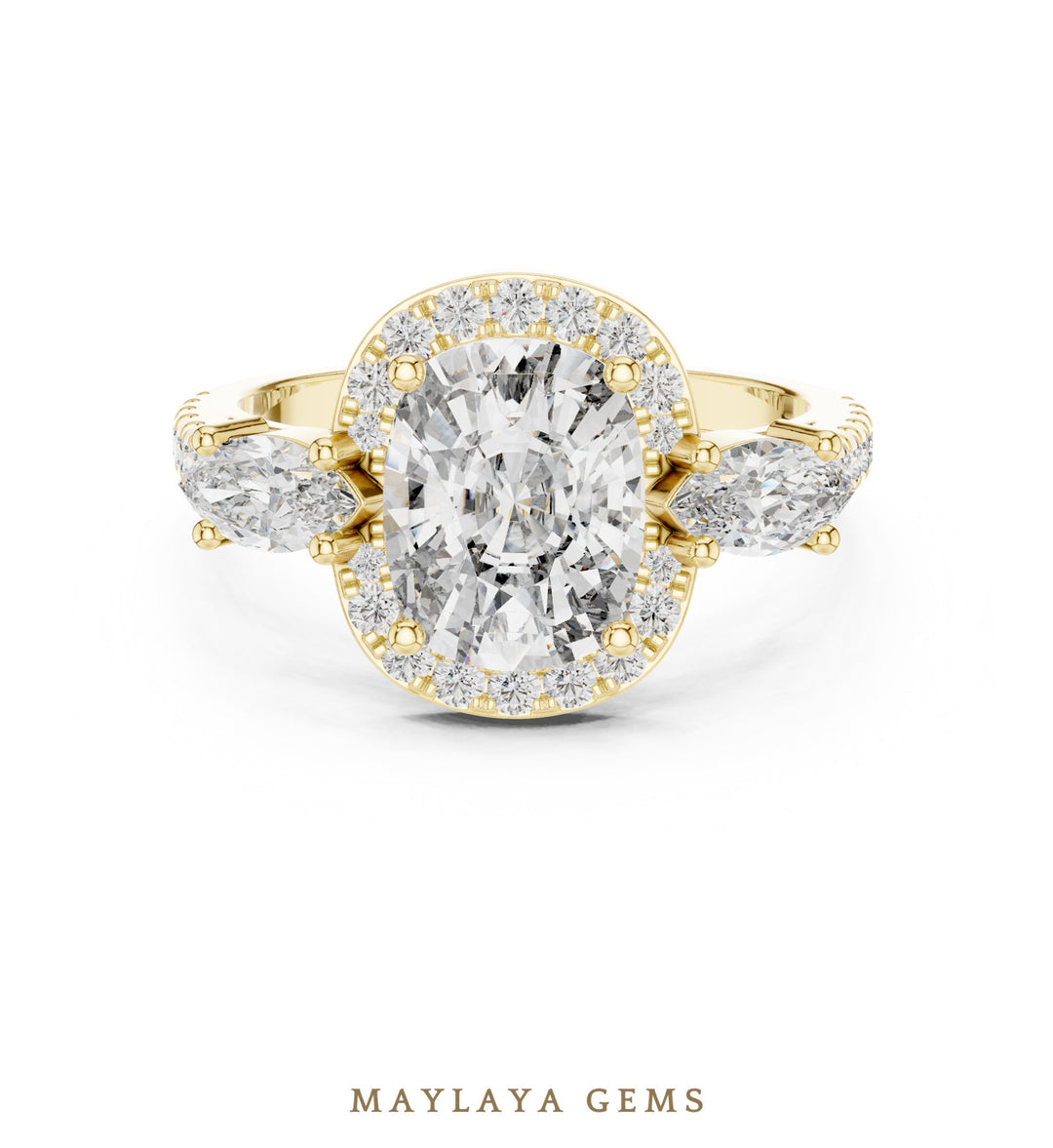Maylaya Gems cushion halo marquise trilogy lab-grown diamond ring in yellow gold