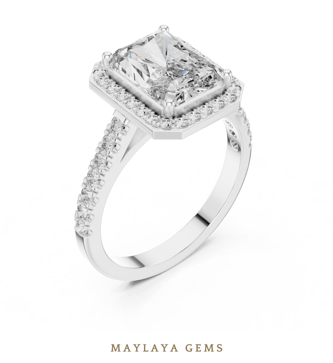 Maylaya Gems radiant halo lab-grown diamond ring in white gold