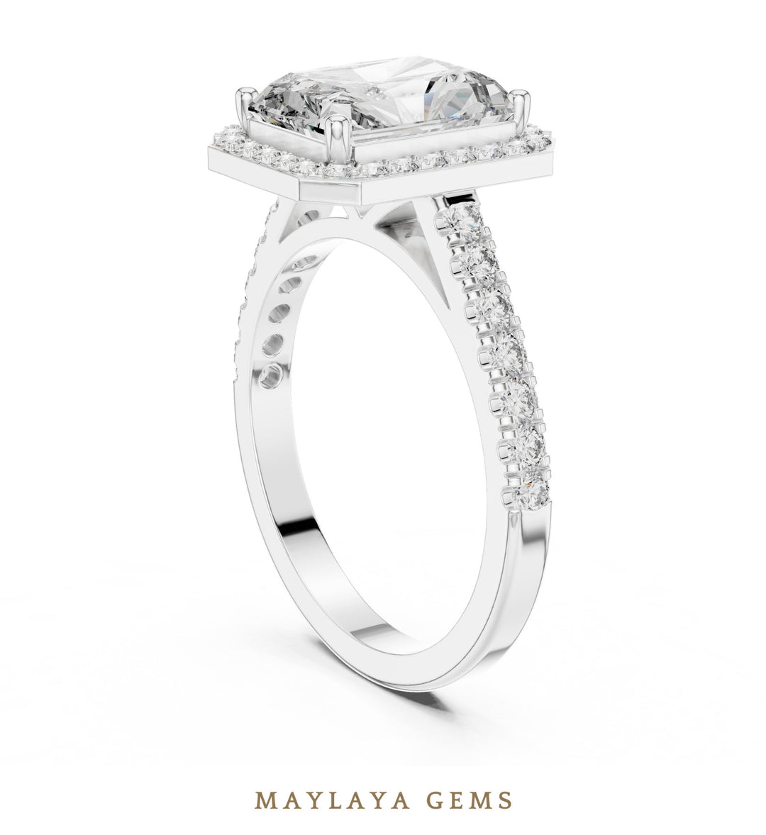Maylaya Gems radiant halo lab-grown diamond ring in white gold