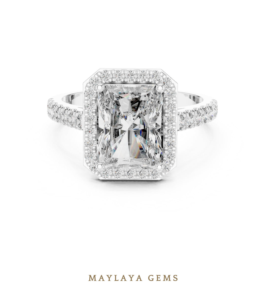 Maylaya Gems radiant halo lab-grown diamond ring in white gold