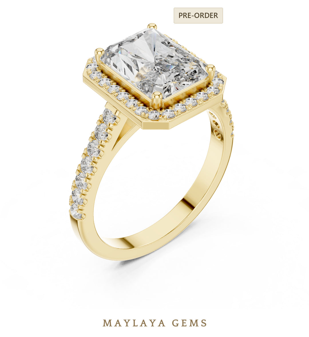 Maylaya Gems radiant halo lab-grown diamond ring in yellow gold