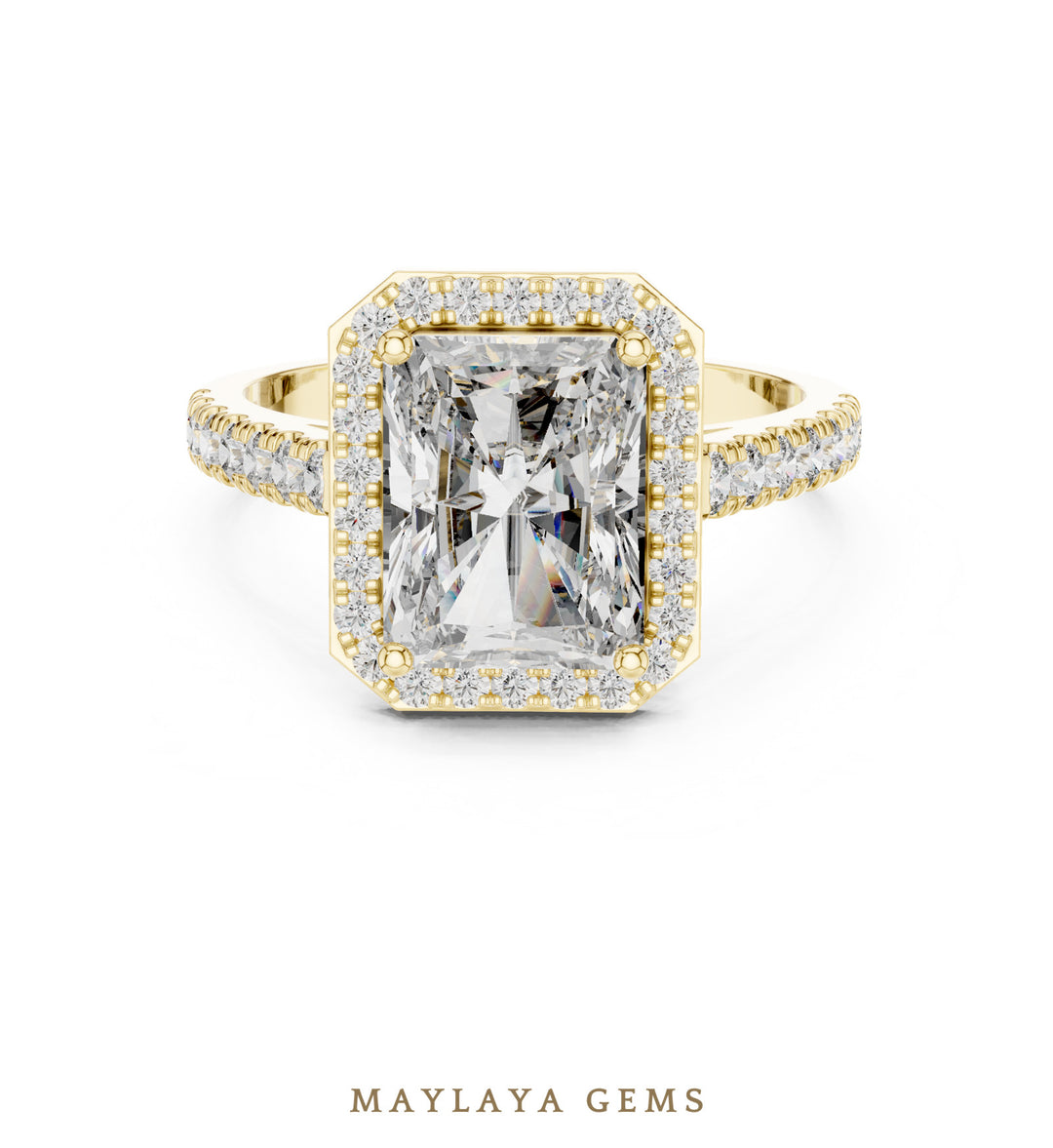 Maylaya Gems radiant halo lab-grown diamond ring in yellow gold