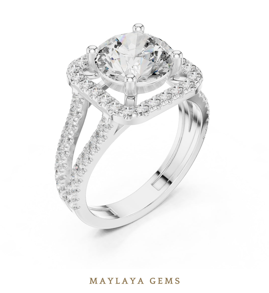 Maylaya Gems round square halo split shank lab-grown diamond ring in white gold