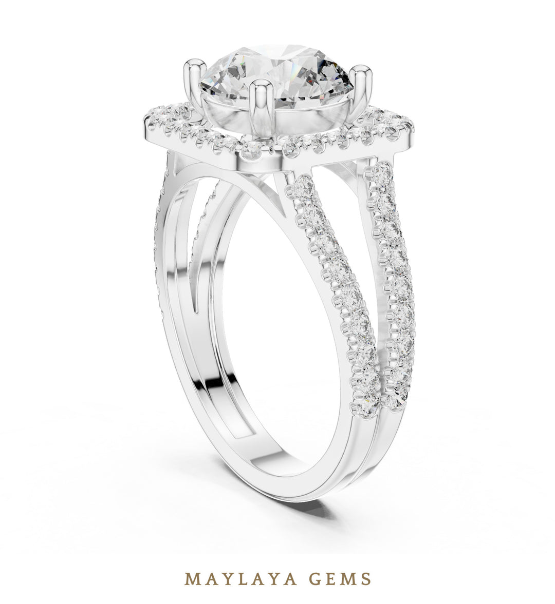 Maylaya Gems round square halo split shank lab-grown diamond ring in white gold