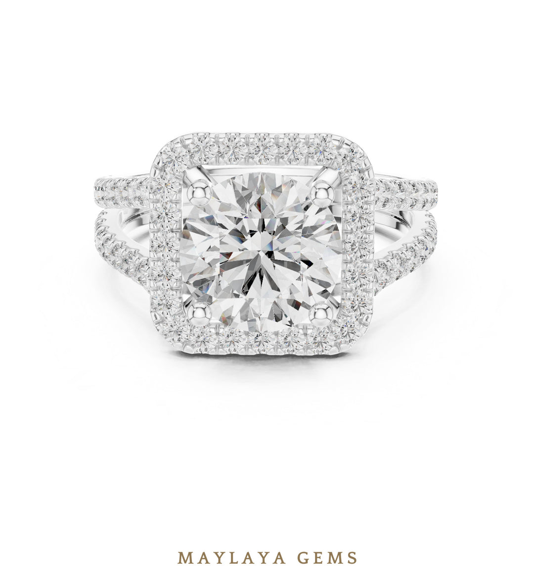 Maylaya Gems round square halo split shank lab-grown diamond ring in white gold